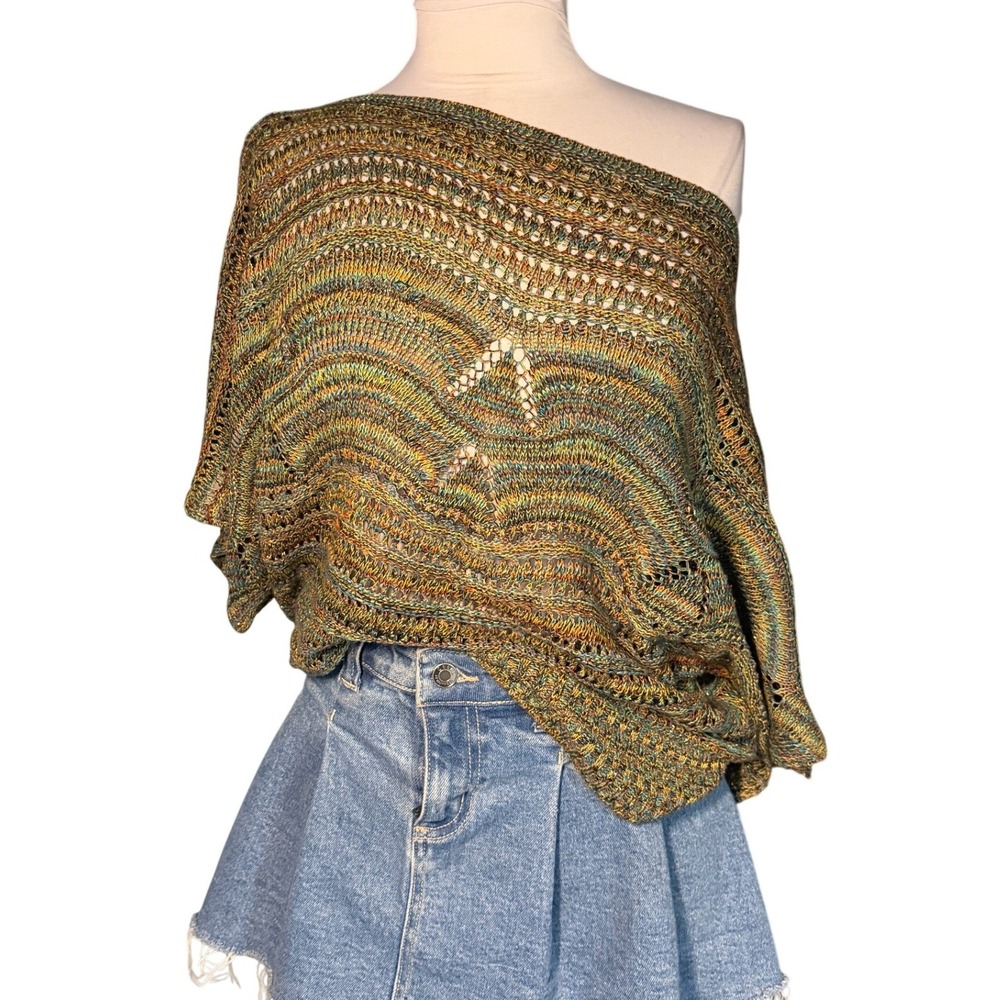 Vintage Chesley One Shoulder Green Knit Top Medium Space Dye Batwing Sleeve